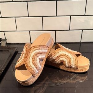 Marc Fisher Beige and Brown Woven Slide Sandals- w/ cork Heel
